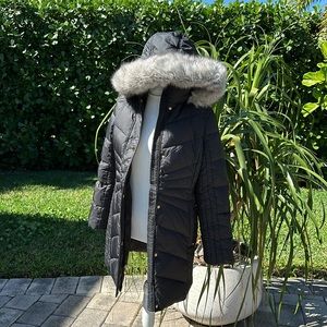 ANNE KLEIN BLACK DOWN FEATHER FILLED BLEND MID LENGTH COST REMOVABLE HOOD XSMALL